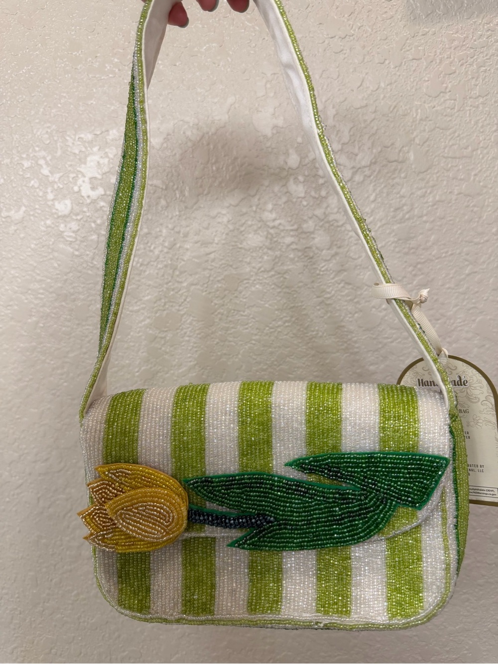 Viral Green & Yellow Tulip Beaded Shoulder Bag